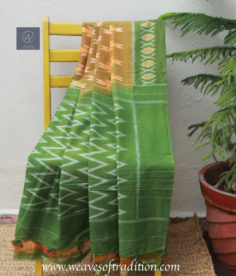 Mustard and Green Pochampally Ikkat Handloom Cotton Saree