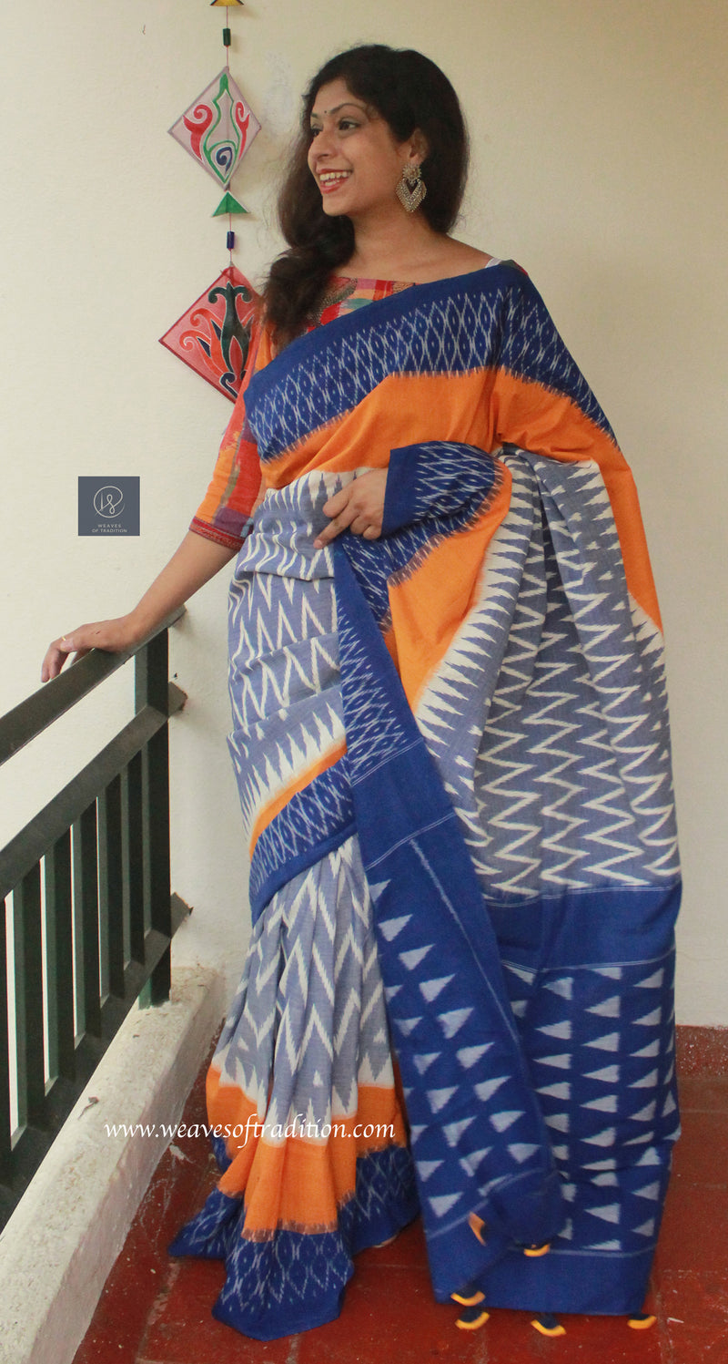 Off-White, Orange and Blue Pochampally Ikkat Handloom Cotton Saree