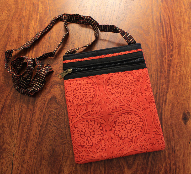 Red Hand Block Printed Cotton Sling Bag