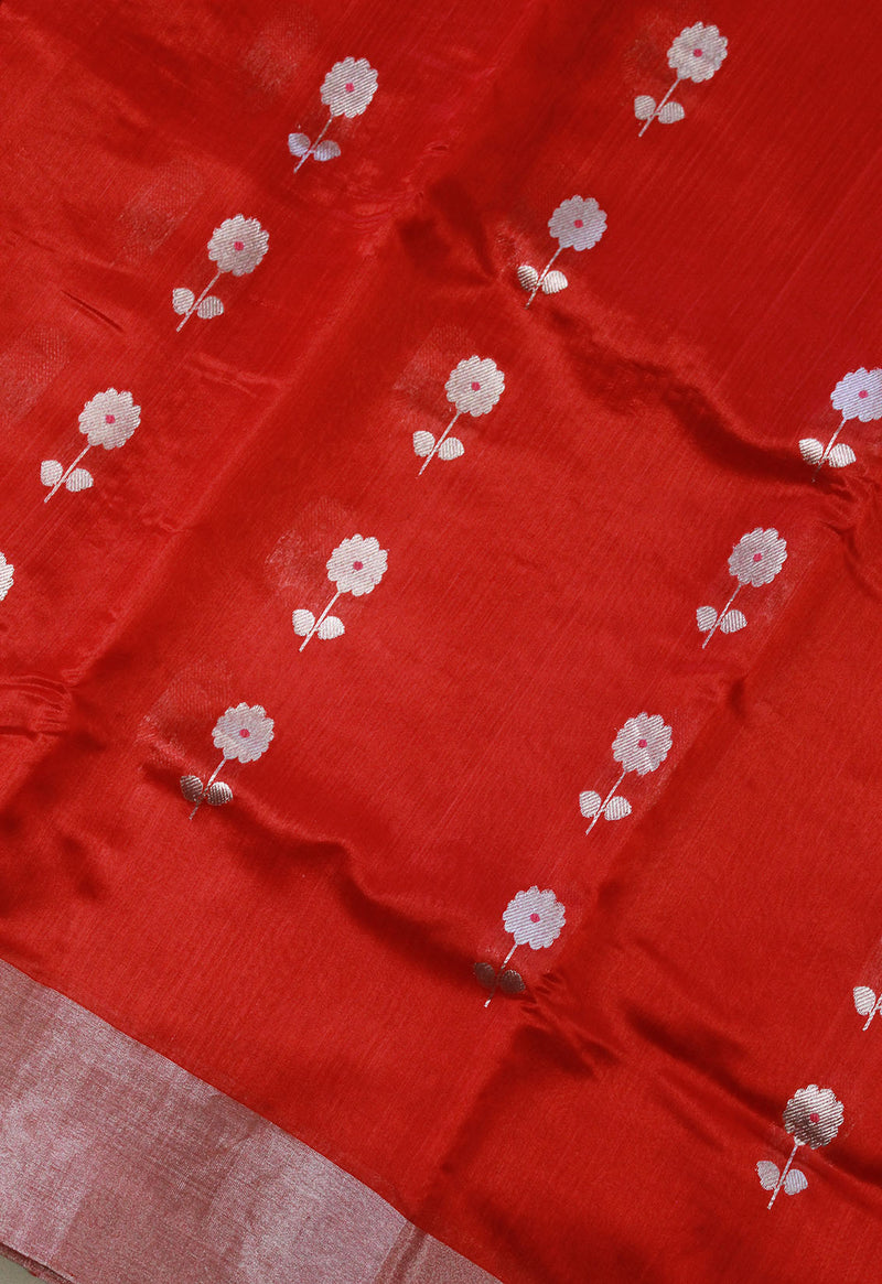Red Chanderi Handloom Silk Saree With Blouse Piece