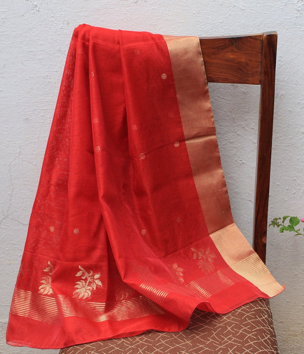 Red Chanderi Handloom Cotton Silk Dupatta with Golden Butti and Motifs