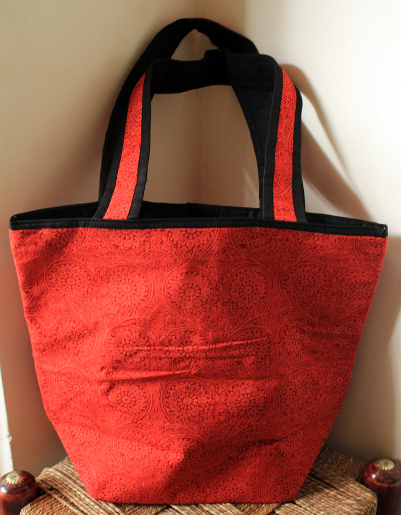 Red Bagru Dabu Hand Block Printed Cotton Bucket Tote Bag