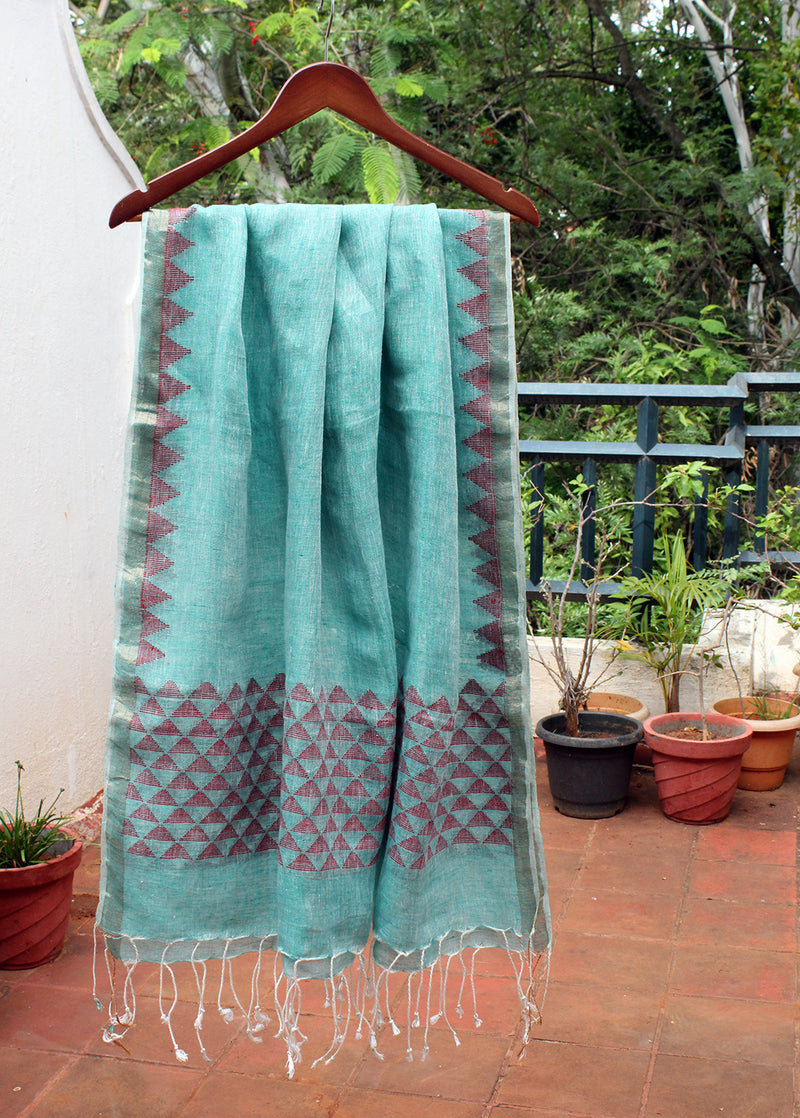 Sea Green and White Dual Toned Handloom Linen Jamdani Dupatta with Zari Border