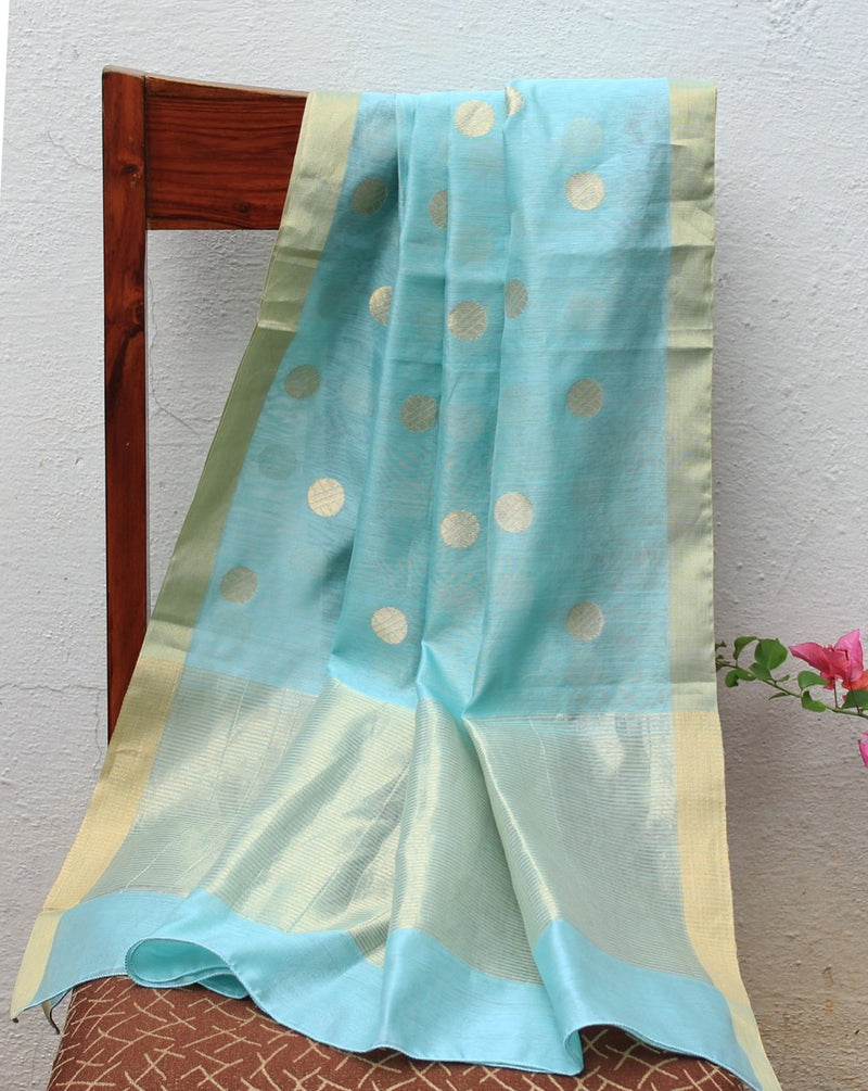 Pastel Blue Chanderi Handloom Cotton Silk Dupatta with Golden Motifs