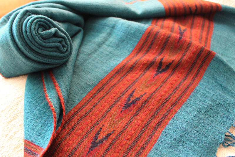 Turquoise Pure Wool Handloom Kinnauri Stole with Woven Multicoloured Geometric Border and Tassels
