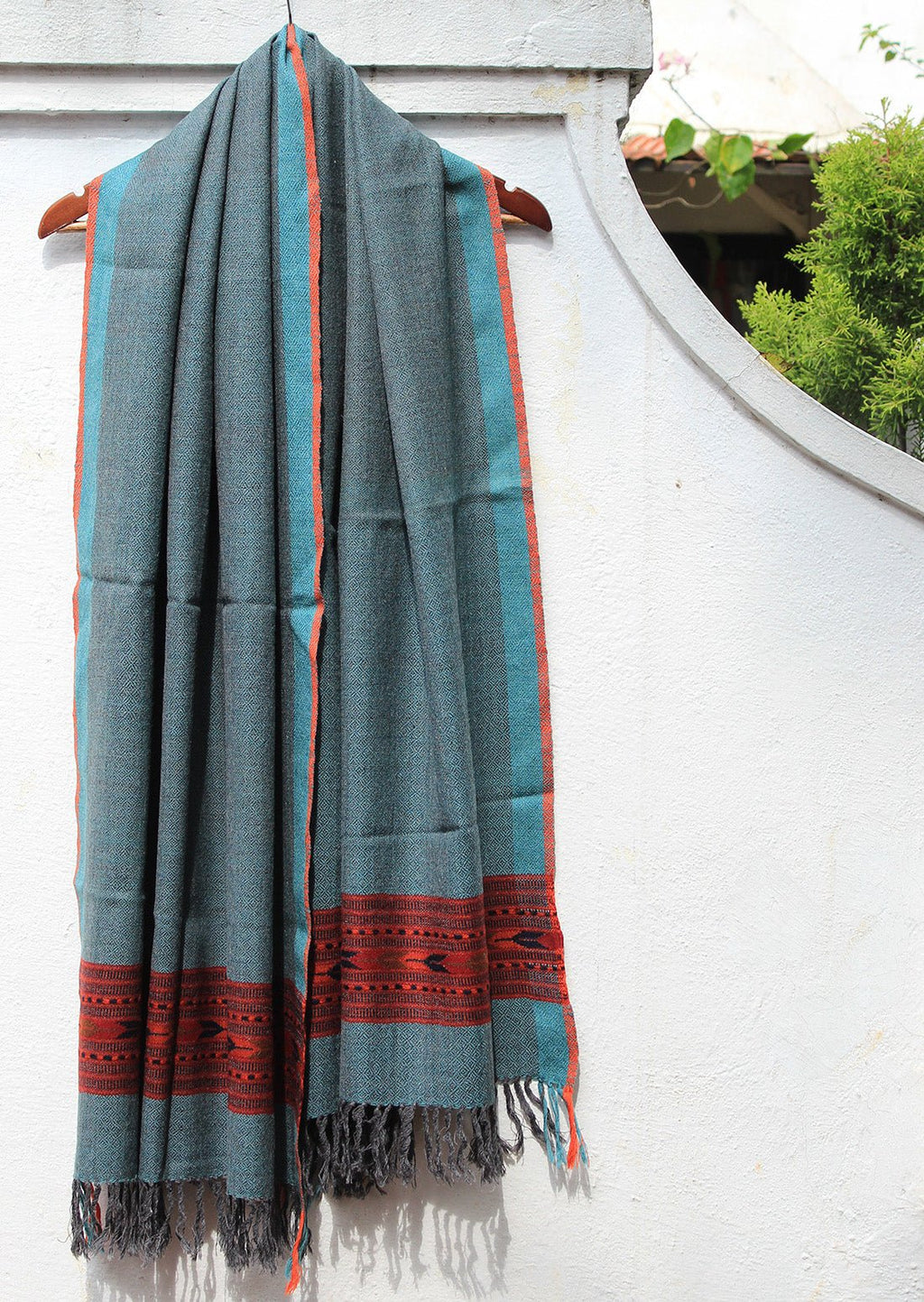 Turquoise and Grey Dual Toned Woollen Handloom Kinnauri Stole with