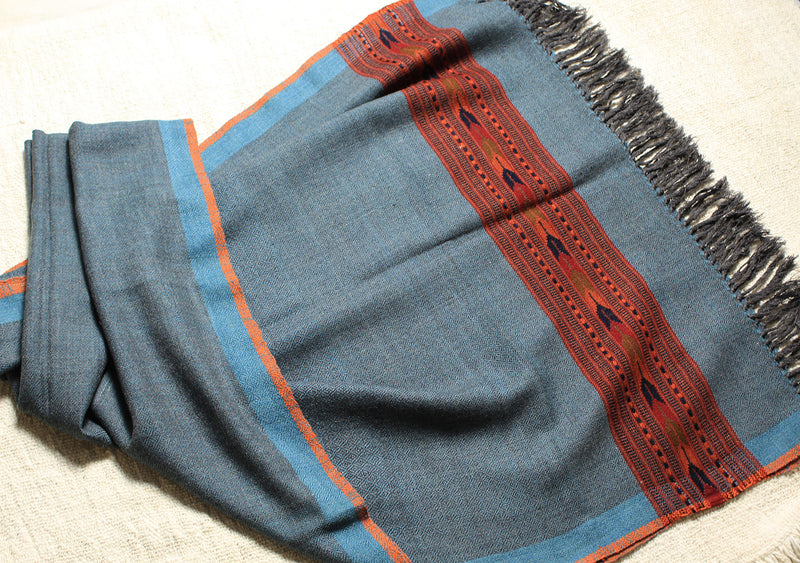 Turquoise and Grey Dual Toned Woollen Handloom Kinnauri Stole with Geometric Border