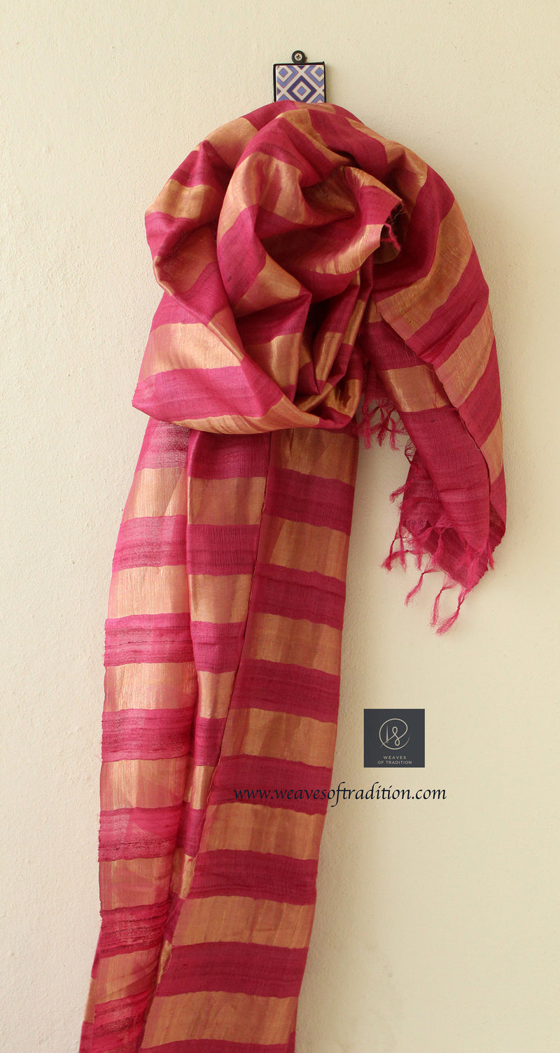 Pink and Golden Zari Striped Tussar Silk Dupatta