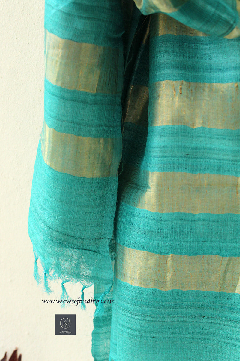 Light Blue and Golden Zari Striped Tussar Silk Dupatta