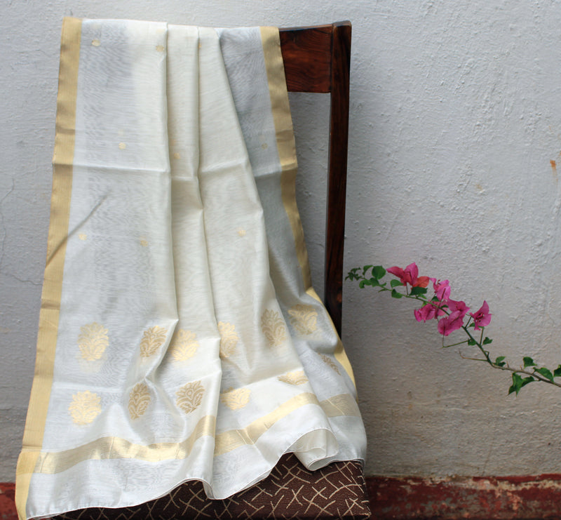 White Chanderi Handloom Cotton Silk Dupatta with Golden Motifs