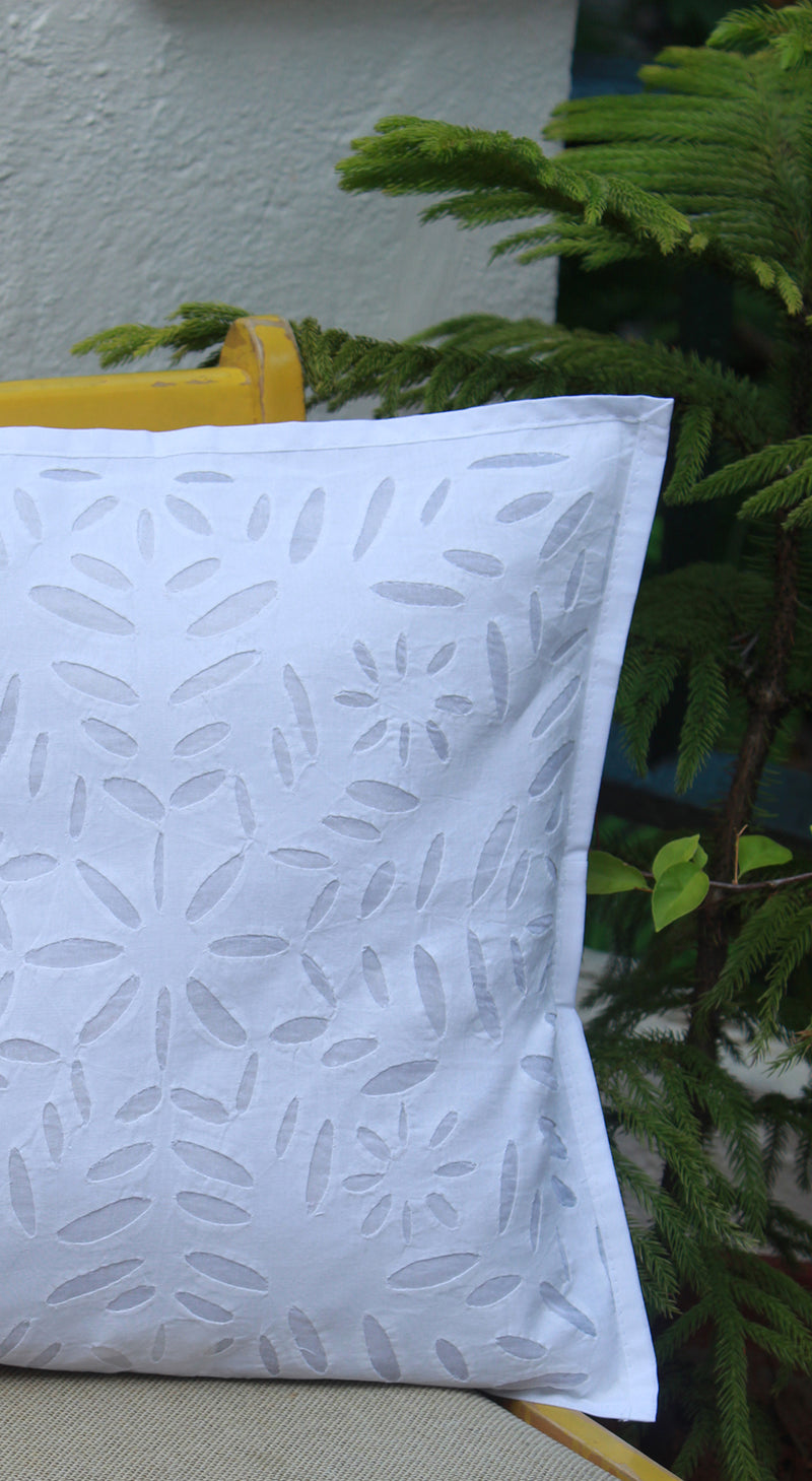 White Applique Cotton Cushion Cover (16 inches x 16 inches)
