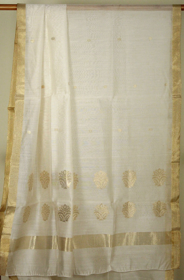 White Chanderi Handloom Cotton Silk Dupatta with Golden Motifs