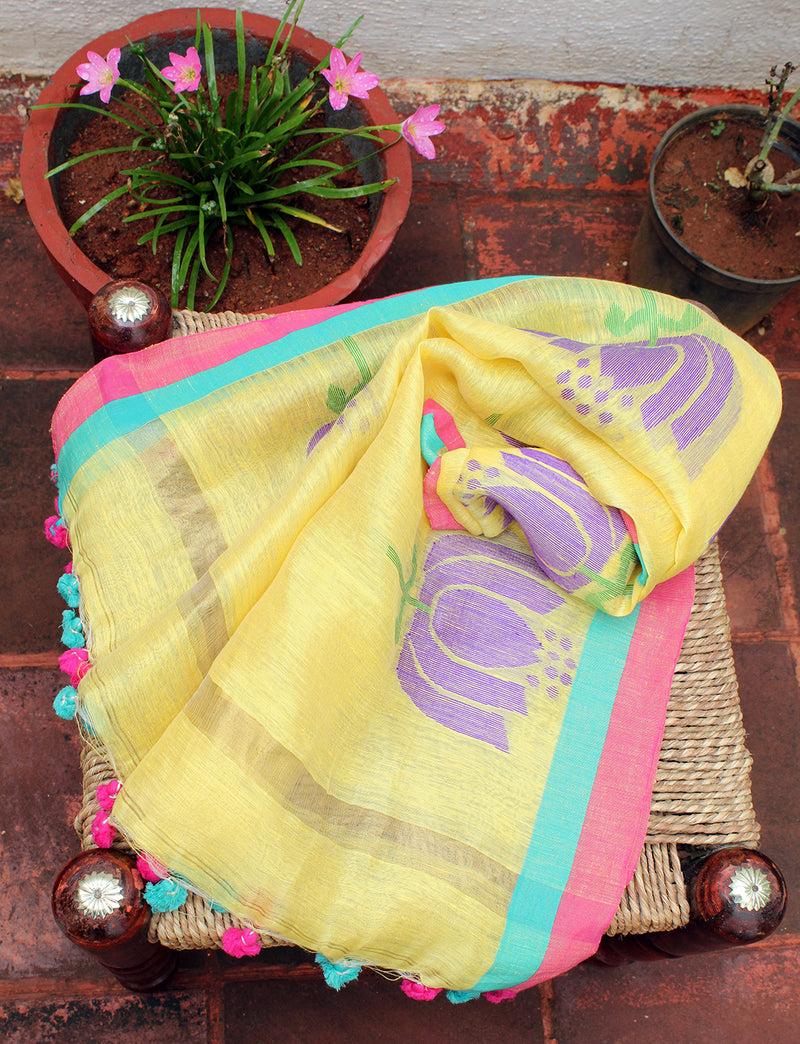 Yellow Handloom Linen Silk Jamdani Stole