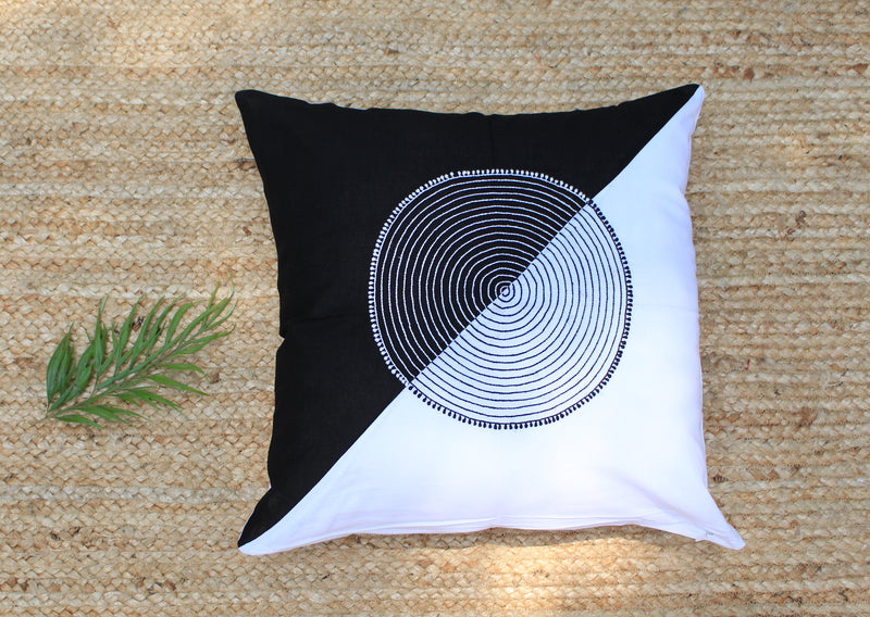 Black and White Pure Cotton Hand Embroidered Chikankari Cushion Cover (18 x 18 inches)